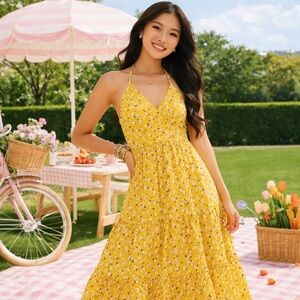 Abercrombie & Fitch Halter Maxi Yellow Floral Dress Tiered Babydoll Romantic XSP